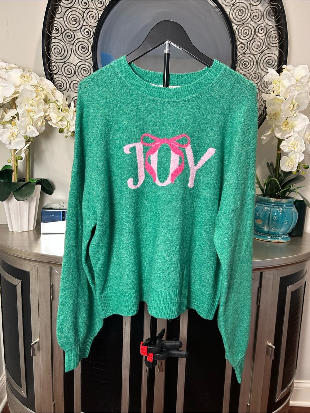 Shiraleah Green Crewneck Sweater with Pink JOY Graphic